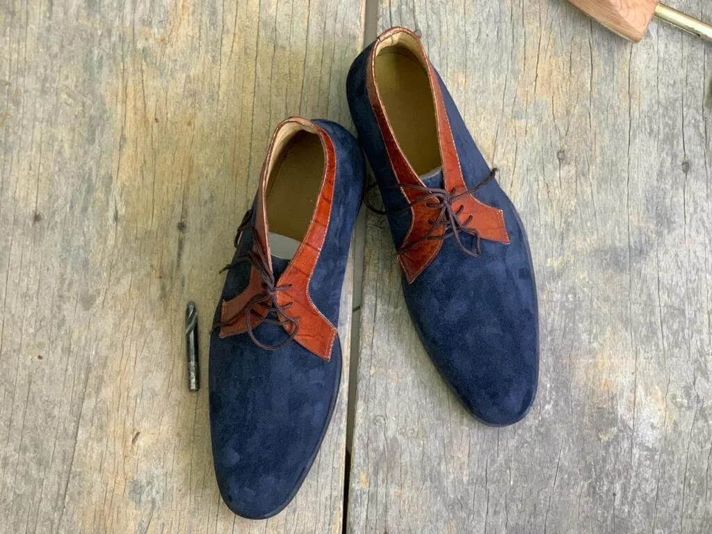 Handmade Men's Blue Suede Leather Chukka Boots, Men Half Ankle Lace Up Boots